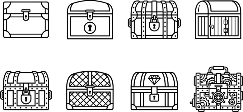 Treasure Chest Icon Collection Featuring Vintage Storage Lockboxes and Fantasy Treasure Containers Vector Set