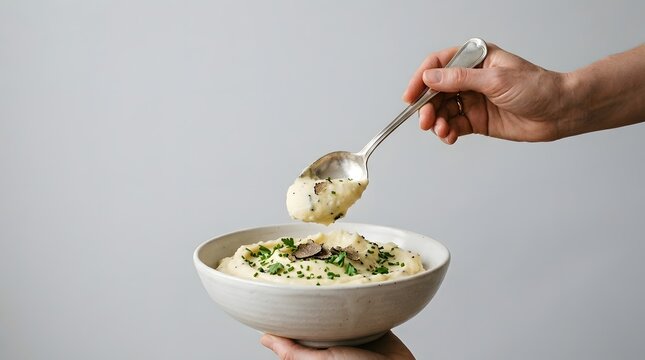 A hand lifts a silver spoon of creamy mashed potatoes topped with black truffle and green chives.