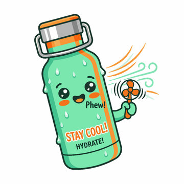 Cute cartoon water bottle character staying cool with a handheld fan.