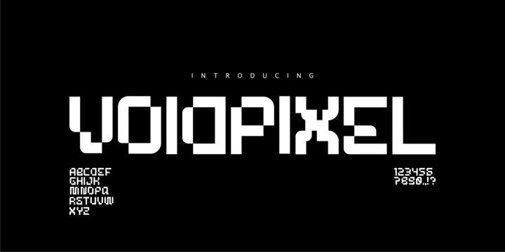 Voidpixel: A glitchy display font. Distorted cyber blocky typeface for cyberpunk gaming logos, techno posters, and streams.