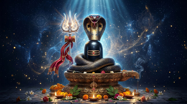 Sacred cobra around Shivling with divine light during Nag Panchami celebration for spiritual worship