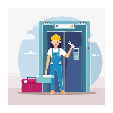 Female elevator technician with tools and toolbox