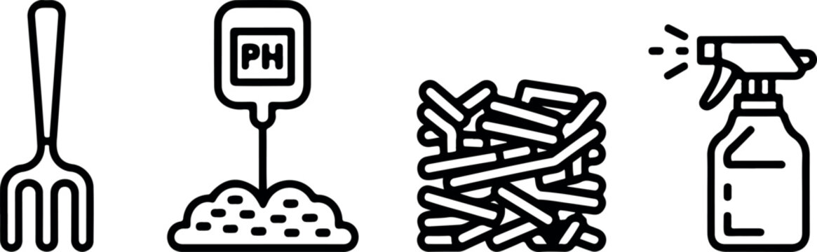 Garden maintenance tools set featuring soil ph meter fork spray bottle and compost pile line vector icons pack.