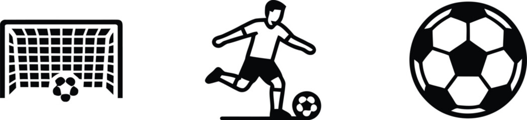 Black and white soccer icons with goal player and ball © Md. Musaddik Rahman