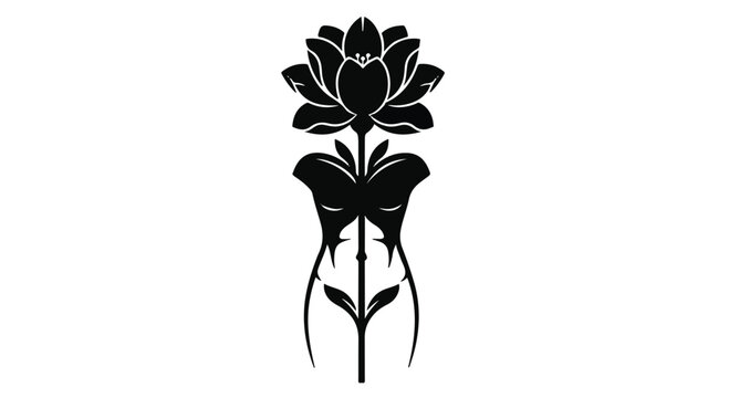 Stylized black and white illustration depicts a blooming lotus flower with a long stem, which then transitions into a curvaceous, abstract human-like form below.