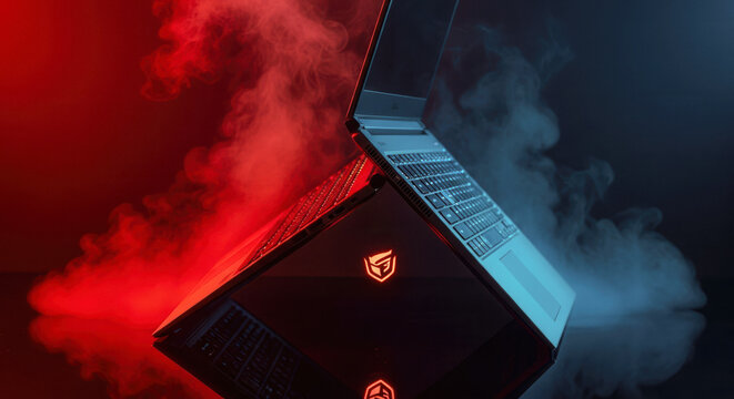 Powerful Slim Gaming Laptop Product with RGB Keyboard and Neon Lighting, Dramatic Black Friday Tech Sales Advertisement