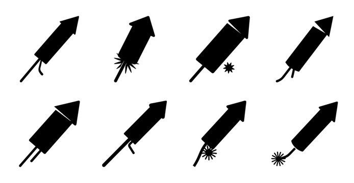 Fireworks rockets in flight with sparks - Black and white vector icons of fireworks rockets flying and bursting with spark effects for celebrations and parties.