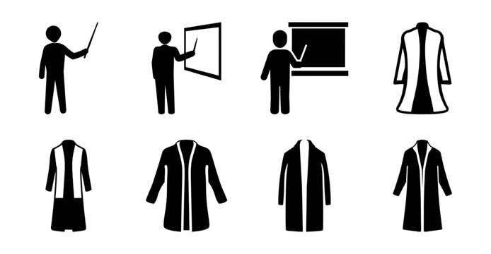 Black and white icons of professors and coats - Set of simple black and white icons showing professors teaching and different types of formal coats for educational or professional use.