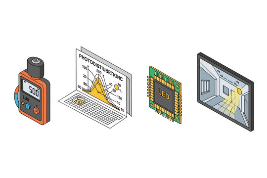 Illumination technology concepts: lux meter, light distribution graph, LED chip, and room lighting simulation