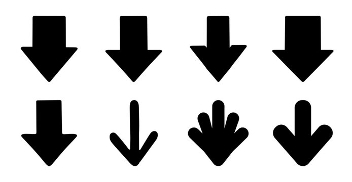 Black downward arrows and hand gesture icons - Minimalist black icons showing downward arrows and an open hand gesture for design or user interface use.