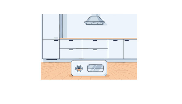 A clean modern kitchen interior features white cabinetry and a range hood above an automated robot vacuum cleaner on the wooden floor.