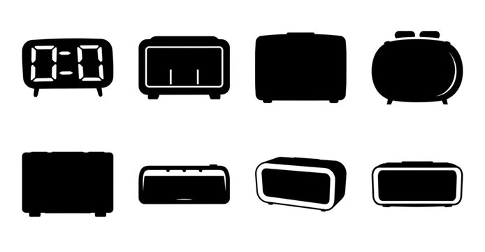 Black flat style alarm clocks collection - Minimalist black alarm clocks in flat design style, perfect for modern digital and analog clock icons.