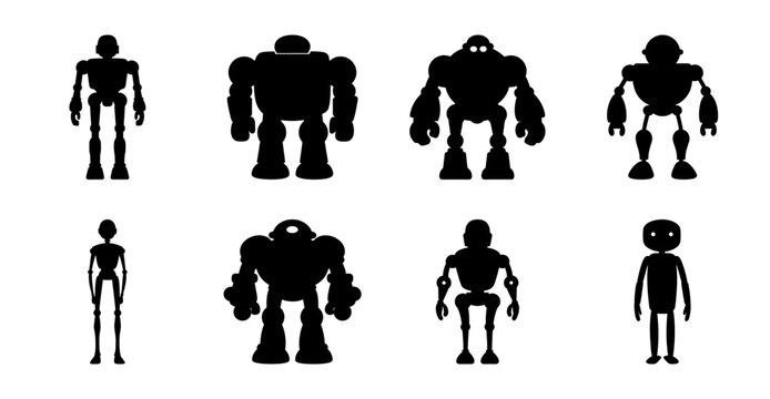 Black robot and human stick figure silhouettes - Minimalist black silhouettes of robots and humans in a clean, simple style for versatile graphic use.
