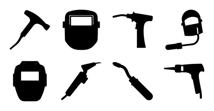 Black welding and cutting tools set - Minimalist black and white vector icons of welding gear including helmets, torches, and spray guns for industrial use.