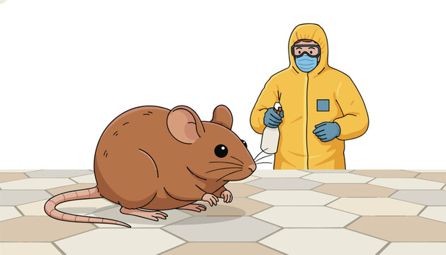 A professional worker in a protective yellow hazmat suit and mask uses a spray bottle to sanitize a large brown mouse on a tiled floor.