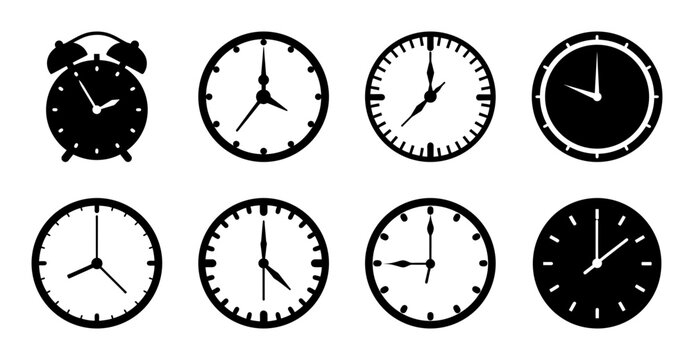 Black and white clock icons set with alarm - Minimalist black and white clock icons including analog timepieces and an alarm clock design for digital use.