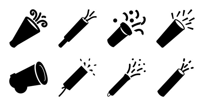 Black fireworks and sparklers set illustration - Simple black and white vector icons of fireworks, sparklers, and celebratory sparks in various shapes and styles.