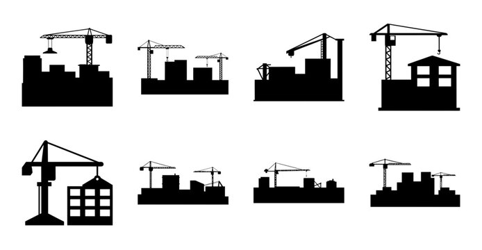 Construction crane building houses in stages - Eight-step vector illustration showing a construction crane building houses from foundation to completion with city backdrop.