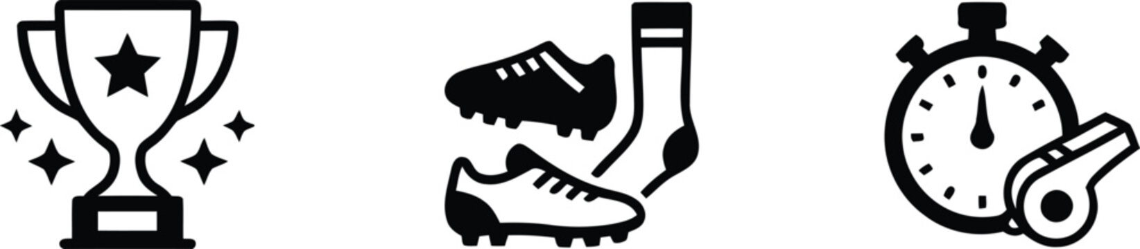 Black icons of sports trophy, soccer shoes, sock, stopwatch and whistle