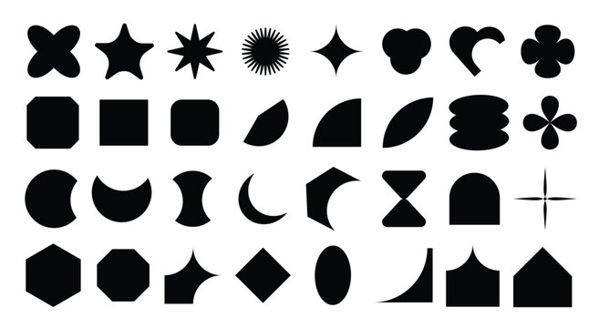 Collection of geometric shapes on white background. Abstract black icon element of star, sparkling, different shapes, heart, polygon, hexagon. Icon graphic design for decoration, logo, business, ads.