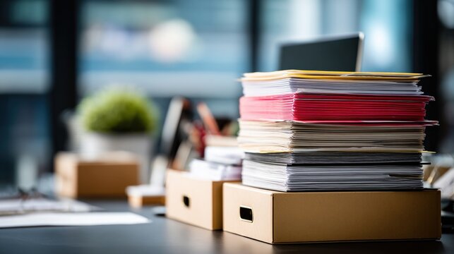 Stunning photo of Large stack of business documents and colored files on an office desk representing paperwork management