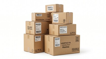 Fototapeta premium Stacked Cardboard Moving Boxes with Labels and Weight Details Illustration