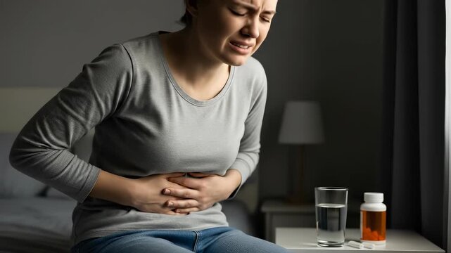 Woman suffering from severe abdominal pain, clutching her stomach in distress, seeking relief with medication and water, representing symptoms of intestinal disease or gastrointestinal problems