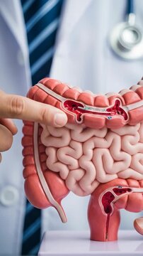 Doctor explaining human intestinal disease model, illustrating complex gastrointestinal tract conditions, understanding digestive health issues, promoting early detection, effective treatment