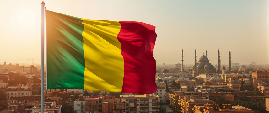The national flag of Mali against the backdrop of the city of Bamako