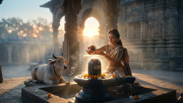 Goddess Parvati Offering Ganga Water Abhishek &ndash; Sacred Shivling Worship