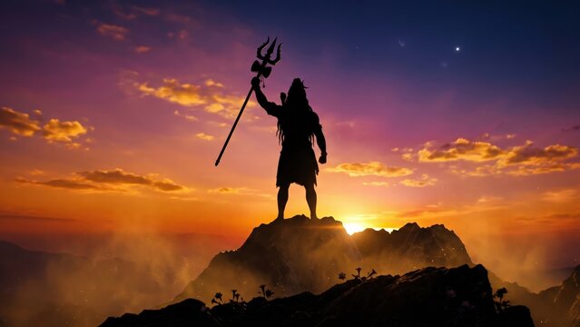 Lord Shiva Himalayan Sunset &ndash; Sacred Trishul Silhouette