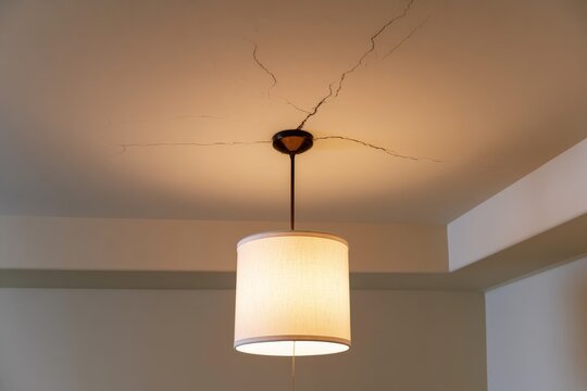Light fixture hangs from ceiling with cracks above in an indoor setting during daytime