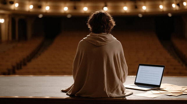 Crowdfunding nonprofit coordinator reviews donor campaign analytics in an empty community theater after a successful fundraising event, laptop open on stage edge, backer thank you