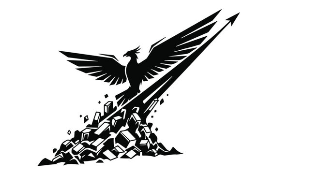 Bird standing on pile of rubble with arrow