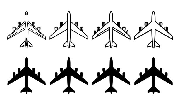 B52 Bomber Aircraft Top View Icon Set with Outline and Solid Military Airplane Silhouettes Vector Illustration