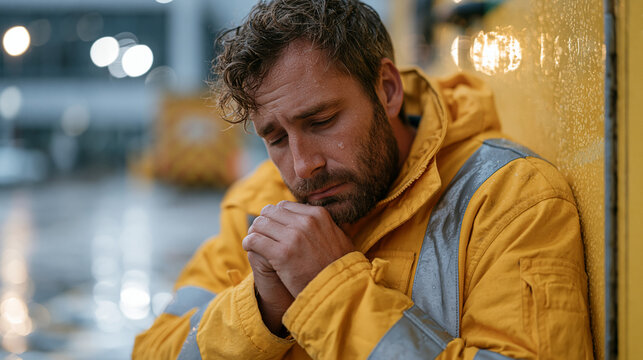 Exhausted paramedic resting against a rain soaked ambulance exterior in a quiet hospital bay after an emergency shift, head down and hands clasped, representing frontline worker