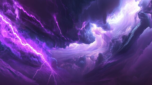 Dramatic stormy sky with purple lightning and swirling clouds