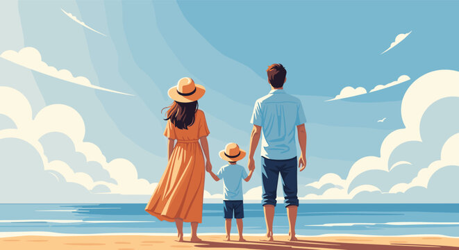 Family consisting of two parents and a small child stand together on the beach and gaze out at the vast ocean under a cloudy sky.