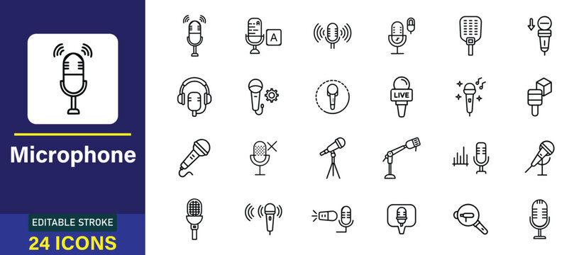 Diverse microphone icons with editable stroke and sound waves set against a clean background