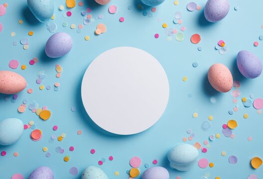 Pastel easter eggs surrounding empty round copy space on light blue backdrop with background celebration colorful confetti template decorative traditional greeting ornament arrangement