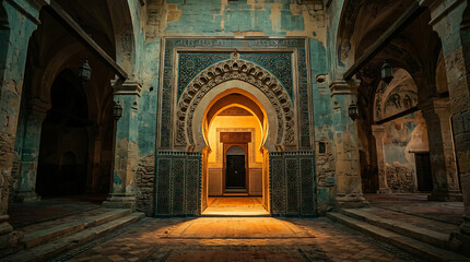 Obraz premium Grand view of an ancient architectural passage featuring detailed geometric patterns and ornate stone arches