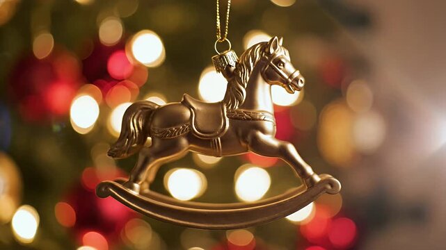 Golden rocking horse ornament with red bokeh lights.