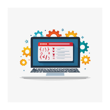 Computer screen displaying code with gears and abstract elements