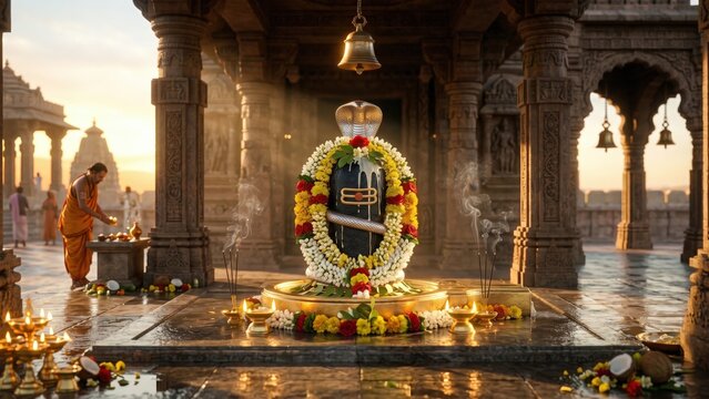 Sacred Shiva Linga at Dawn &ndash; Golden Puja Ritual