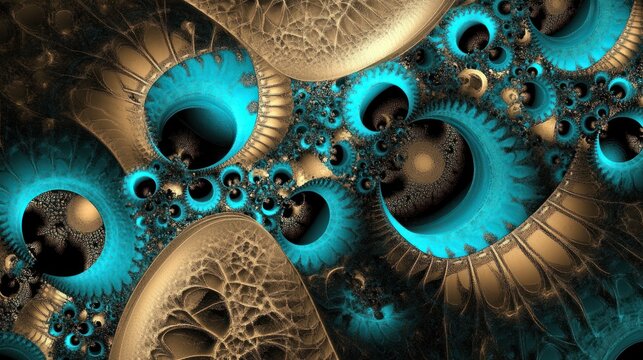 Complex fractal pattern with intertwined blue and gold spirals