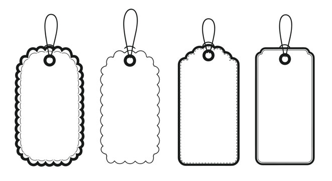 Set of blank price tags with outlines and string loops for retail, gift labeling, and product packaging design projects.