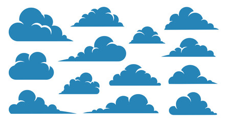 Obraz premium Variety of blue cloud silhouettes in different shapes and sizes suitable for weather graphics or sky backgrounds in a minimal flat design style.