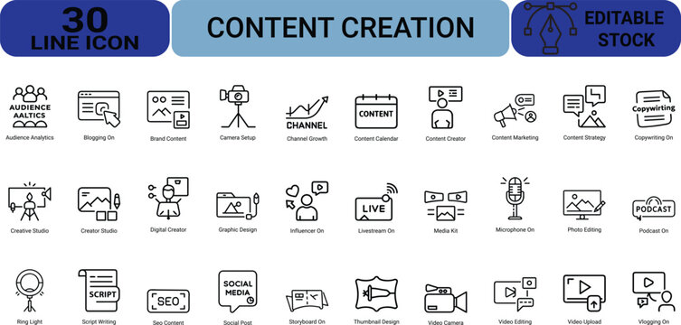 Content creation line icons set including video production social media management digital marketing copywriting and creative studio equipment tools.