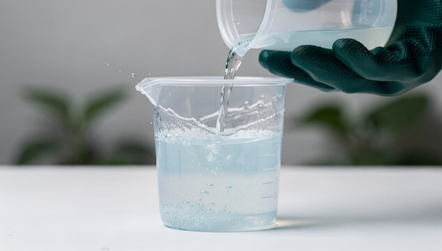 Pouring Milky Blue Agricultural Fungicide Solution Into Plastic Measuring Beaker Close Up