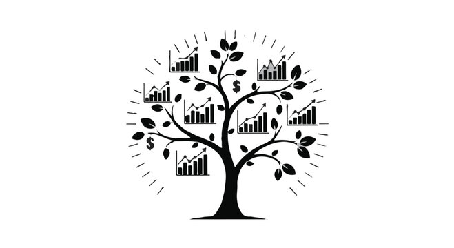 Tree with bar graphs and leaves representing data growth